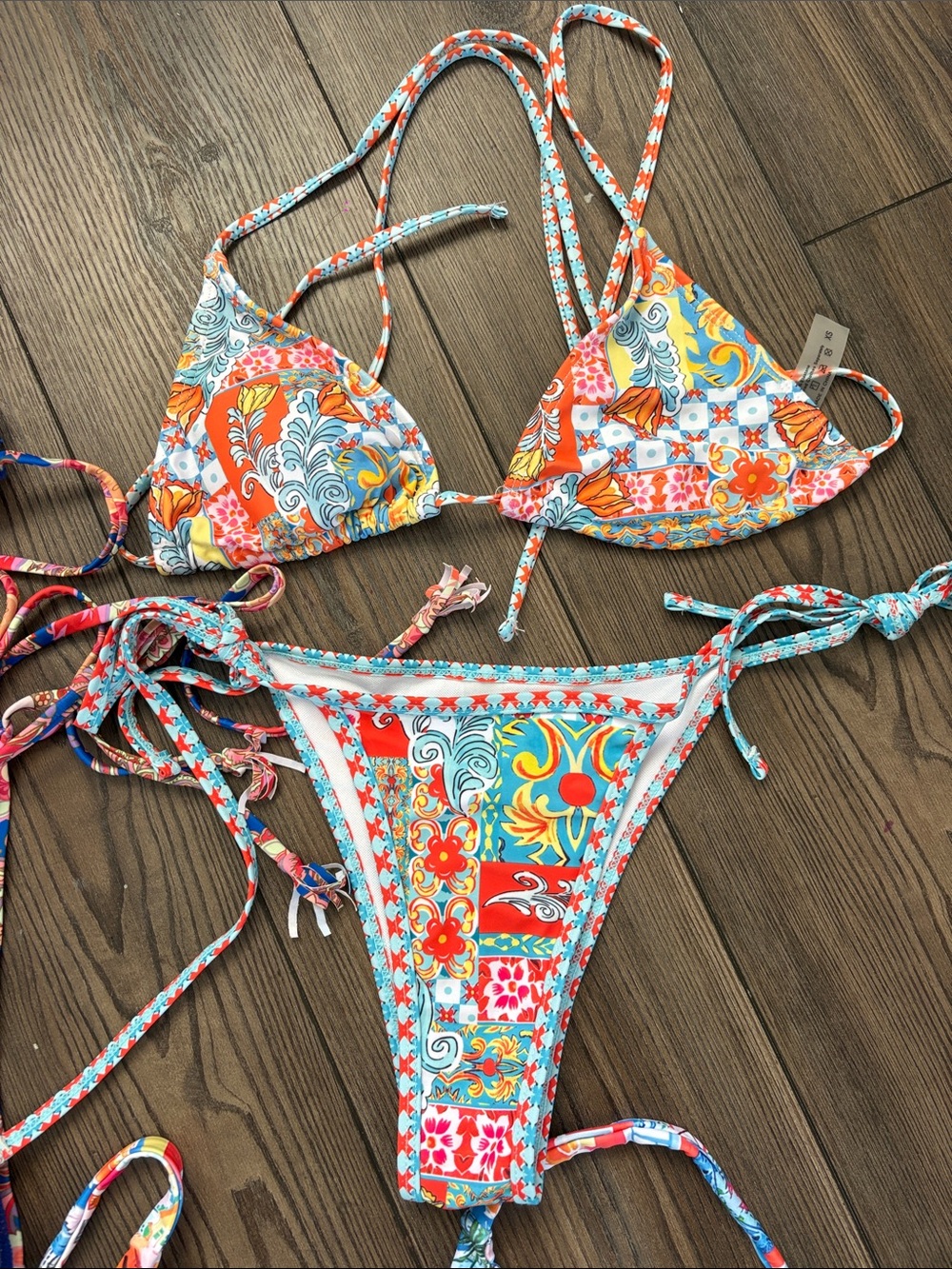 Mixed Pattern String Bikini Set - Blue, Orange, Red, Multicolor - Picture 5 of 6